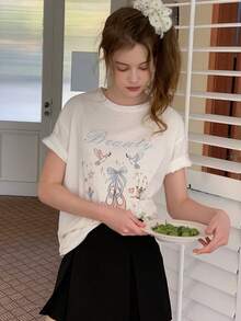 DAZY Teen Girl Letter & Bow Print Round Neck Loose Casual Short Sleeve T-Shirt