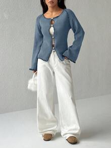 SHEIN Unity Women's Contrast Trim Scoop Neck Flare Sleeve Casual Button Front Cardigan - Teal Blue - View 6