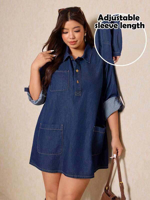 Elaquor 大码女式纽扣半开襟袖口休闲宽松口袋牛仔连衣裙