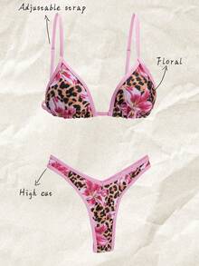 Elavelle 春假女式豹纹花卉印花细肩带短款上衣搭配高腰短裤性感比基尼沙滩装 - 彩色 - 查看 1