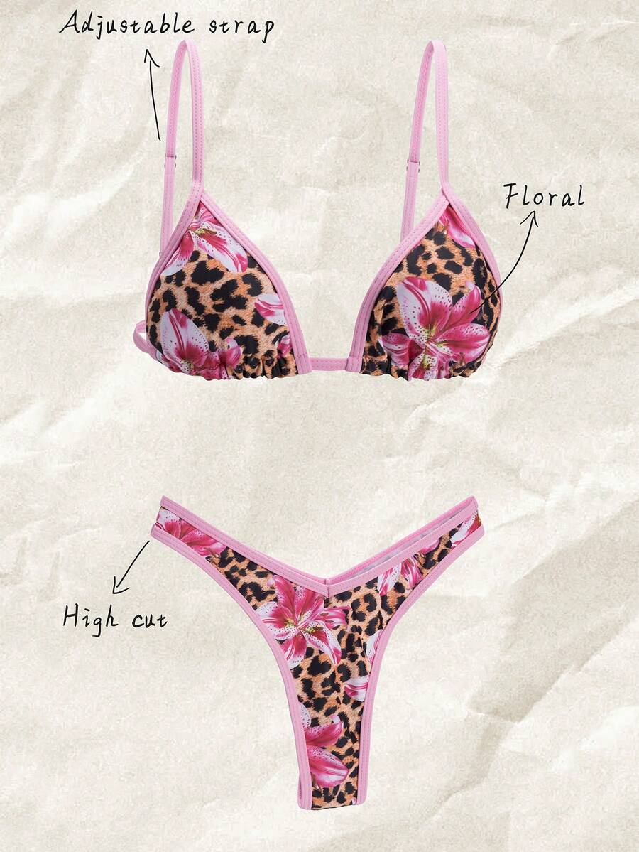 Elavelle 春假女式豹纹花卉印花细肩带短款上衣搭配高腰短裤性感比基尼沙滩装 - 彩色 - 查看 1