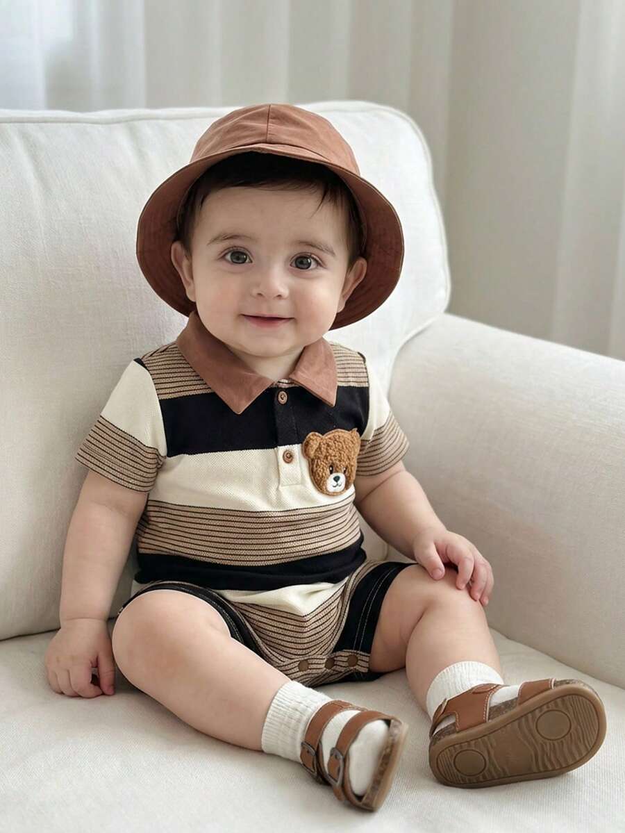 SHEIN 2pcs/Set Newborn Baby Boy/Girl Black And White Striped Bear Print Short Sleeve Romper & Brown Sun Hat,Summer Casual Family Matching Cute Outfit - Khaki - View 1