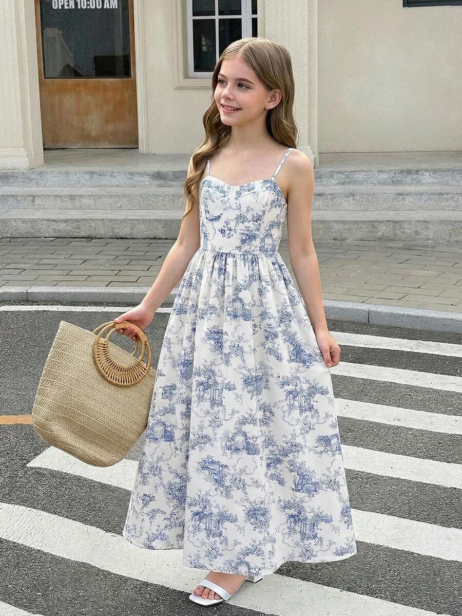 SHEIN 少女碎花无袖中长连衣裙 - 藍白色 - 查看 1