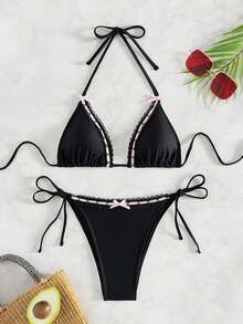 SHEIN Swim 夏季沙灘女性純色比基尼套裝，頸帶飾有蝴蝶結，適用於泳池和度假 - 黑色 - 查看 2