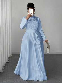 Maweii Plus Size Women Elegant Patchwork Waist Cinched Long Dress - Baby Blue - View 5