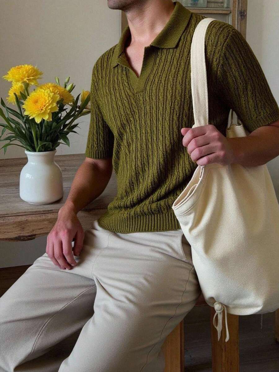 Manfinity Homme Top tricoté à manches courtes minimaliste de couleur unie pour homme - Vert - Voir 1