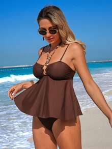 Swim Lushoire Women's Casual Vacation Beach Party Mesh Fabric Bikini Two Pieces Swimwear Brown One Piece Swimwear Brown Bathing Suit One Piece Swim Dress One Piece Bathing Suit Brown Swimwear - Brown - View 6