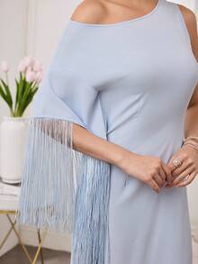 Al Najma Women's Fashion New Fringe Elegant Elegant Asymmetrical Neck Cinching Waist Dress - Blue and White - View 6