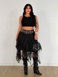 Rustia Chân váy nữ cỡ lớn màu trơn chất liệu lưới xếp ly, vạt bất đối xứng, kiểu dáng thường ngày. - màu đen - Xem 4