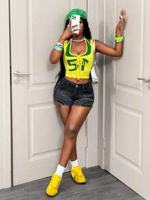 BamGleam 女士撞色字母印花露背吊带背心 - 黃色 - 查看 1