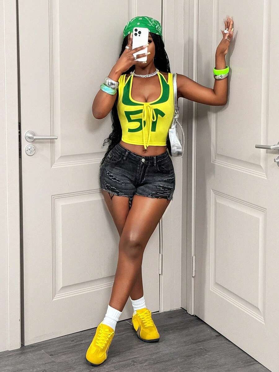 BamGleam 女士撞色字母印花露背吊带背心 - 黃色 - 查看 1