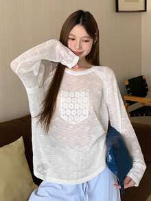 DAZY Lace Patchwork Raglan Sleeve Loose Long Sleeve Women Casual Top/Loungewear - White - View 5