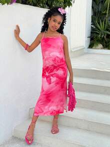 Tween Girl Casual Semestermode Blommigt Mönster Ärmlös Stickad Klänning med Slitsad Fåll, Vår/Sommar