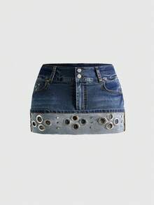 ROMWE J-Fashion Chân váy denim mini phong cách retro Y2K ánh kim, chân váy denim cỡ lớn - Màu xanh lam - Xem 1