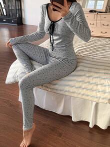 DAZY 女士波点撞色滚边系带领修身睡衣套装（2件套），秋冬季 - 灰色 - 查看 4