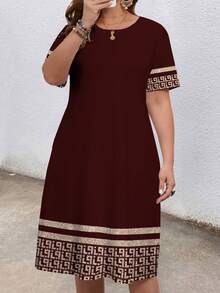 EMERY ROSE Plus Size Women Geometric Print Round Neck Short Sleeve Pocket Casual Dress Spring - Brown - View 5