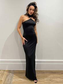 RebeccaVibe 女士优雅性感金属扣装饰镂空修身黑色针织弹力连衣裙 - 黑色 - 查看 5