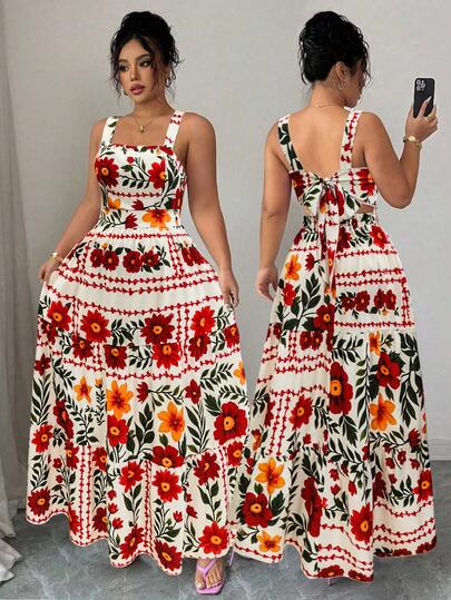 SHEIN Elenzya Vestido midi casual y elegante con estampado floral, cuello cuadrado, cintura ceñida y lazo en la espalda para mujer talla grande, ideal para uso diario, ir al trabajo, playa y vacaciones de primavera/verano