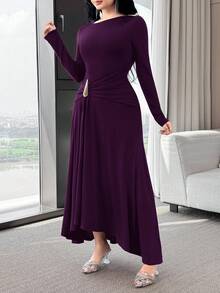 Modelyn 女士纯色船领金属装饰褶皱优雅中长连衣裙 - 紫色 - 查看 6