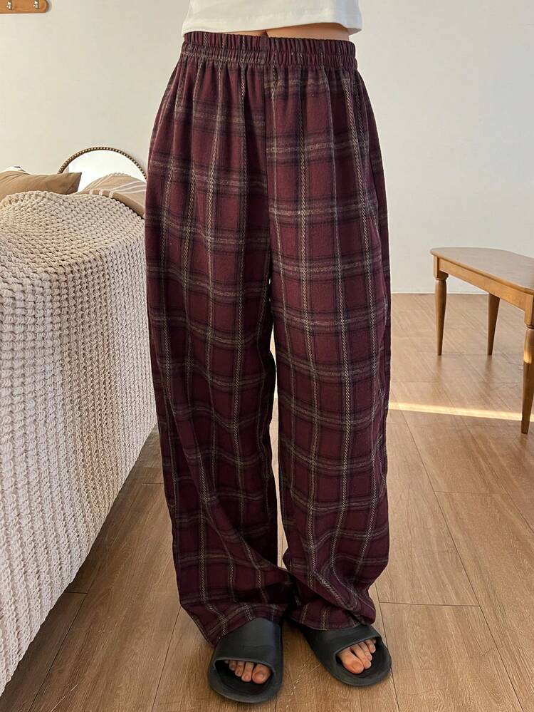 Tall Women's Elastic Waist Straight Leg Plaid Casual Pants, Street Style City Leisure