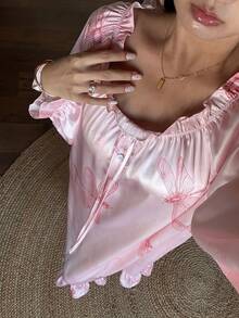 DAZY Romantic Dragonfly Print Satin Off-Shoulder Loose Women Nightgown - Pink - View 6