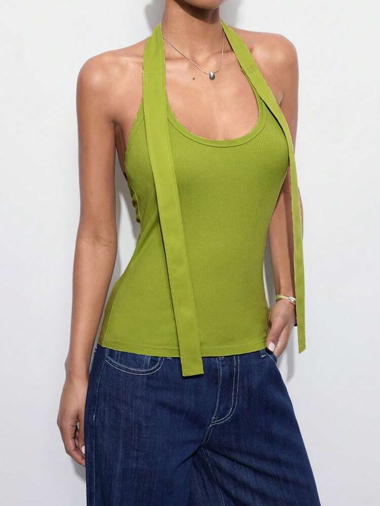 SHEIN Maija Women's Casual Sleeveless Halter Neck Tank Top, Minimalist & Fashionable For Everyday Wear