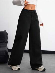 SHEIN ICON 大码女式休闲度假棕色无弹直筒牛仔裤 - 黑色 - 查看 3