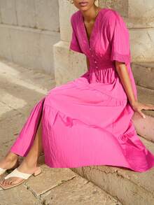 Maija Vestido midi de mujer casual con parches de encaje, fruncido, de manga corta y abotonadura sencilla, adecuado para primavera y vacaciones, estilo bohemio - Rosa Fucsia - Ver 4