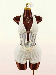 Amplova Women's Off-White Summer Seksi Chic Vacation Holiday 2 Pieces Set Metal Starfish Draped Backless Halter Neck Top And Nautical Shorts Clothes - Apricot - View 3