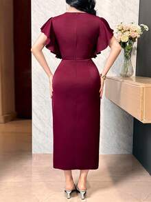 Feyla Women's Solid Color Round Neck Ruffle Hem Elegant Short Sleeve Midi Dress - Burgundy - View 4
