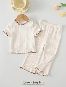 Cozy Pixies 2pcs Baby Girl Round Neck Long Sleeve Ruffle Hem Pullover Top And Elastic Waist Flared Pants Set 2pcs Set Toddler Girls Toddler Girl Casual Pant Sets Knit Two Piece Toddler - Multicolor - View 1