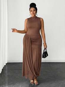 Maweii Plus Size Women Casual Vacation Ruffle Hem Fashionable Waist Cinched Bodycon Sexy Vacation Round Neck Dress - Brown - View 5