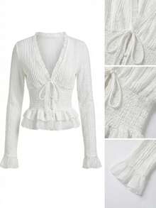 FavEase Women's Casual White Knitted Deep V Neck Long Sleeve Tie Front Flounce Crop Top - White - View 7