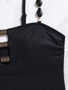 Swim Vcay Women's Summer New Vacation Style Strapless Hollow-Out Mesh Patchwork One Piece Swimsuit - Black - View 4