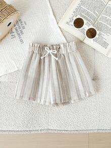 SHEIN Babygirl Vacation Casual Cute Apricot Versatile Striped Elastic Waist Shorts - Apricot - View 3