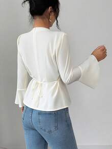 SHEIN Elenzya Women's Pleated Blouse, Elegant Fitted Long Sleeve Shirt, Round Neck - Apricot - View 2