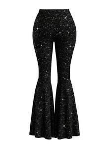 Xyvia Women's Black Solid Silver Polka Dot Fabric Waist Flared Leg Flare Pants, Elegant And Sophisticated, Suitable For Birthday Gifts, Dates, Parties, Slim Fit, Sexy, Street Style, Valentine's Day, May Day, Easter, Travel, Spring/Summer Flare Pants - Black - View 2