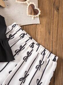 SHEIN 女婴度假休闲荷叶边背心和松紧腰条纹印花裤套装 - 黑色 - 查看 5