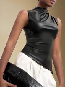 BizChic 2025 Autumn/Winter New Black PU Fabric Asymmetric Hem Off-Shoulder Ruched Waist Women's Top, Retro Chic Elegant Urban Commute Everyday Casual Romantic 90s Christmas New Year Outfit, Thanksgiving Party Dress, Beach Holiday, Graduation, Fashion, Suitable For Wedding Guest, Host, Date, Party, Concert, Brunch, Airport, Multi-Occasion - Black - View 4