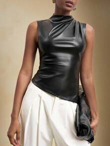 BizChic 2025 Autumn/Winter New Black PU Fabric Asymmetric Hem Off-Shoulder Ruched Waist Women's Top, Retro Chic Elegant Urban Commute Everyday Casual Romantic 90s Christmas New Year Outfit, Thanksgiving Party Dress, Beach Holiday, Graduation, Fashion, Suitable For Wedding Guest, Host, Date, Party, Concert, Brunch, Airport, Multi-Occasion - Black - View 9