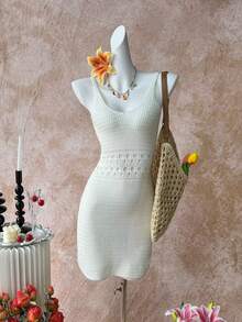 Selianne Hollow Crochet Knit Fitted Sexy Spaghetti Strap Women Sweater Dress, Spring/Summer - Beige - View 1