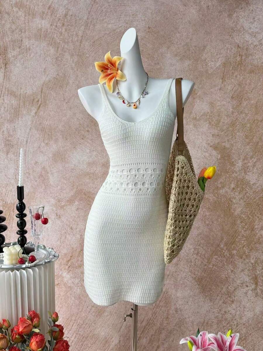 Selianne Hollow Crochet Knit Fitted Sexy Spaghetti Strap Women Sweater Dress, Spring/Summer - Beige - View 1