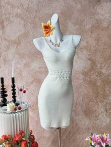 Selianne Hollow Crochet Knit Fitted Sexy Spaghetti Strap Women Sweater Dress, Spring/Summer - Beige - View 3