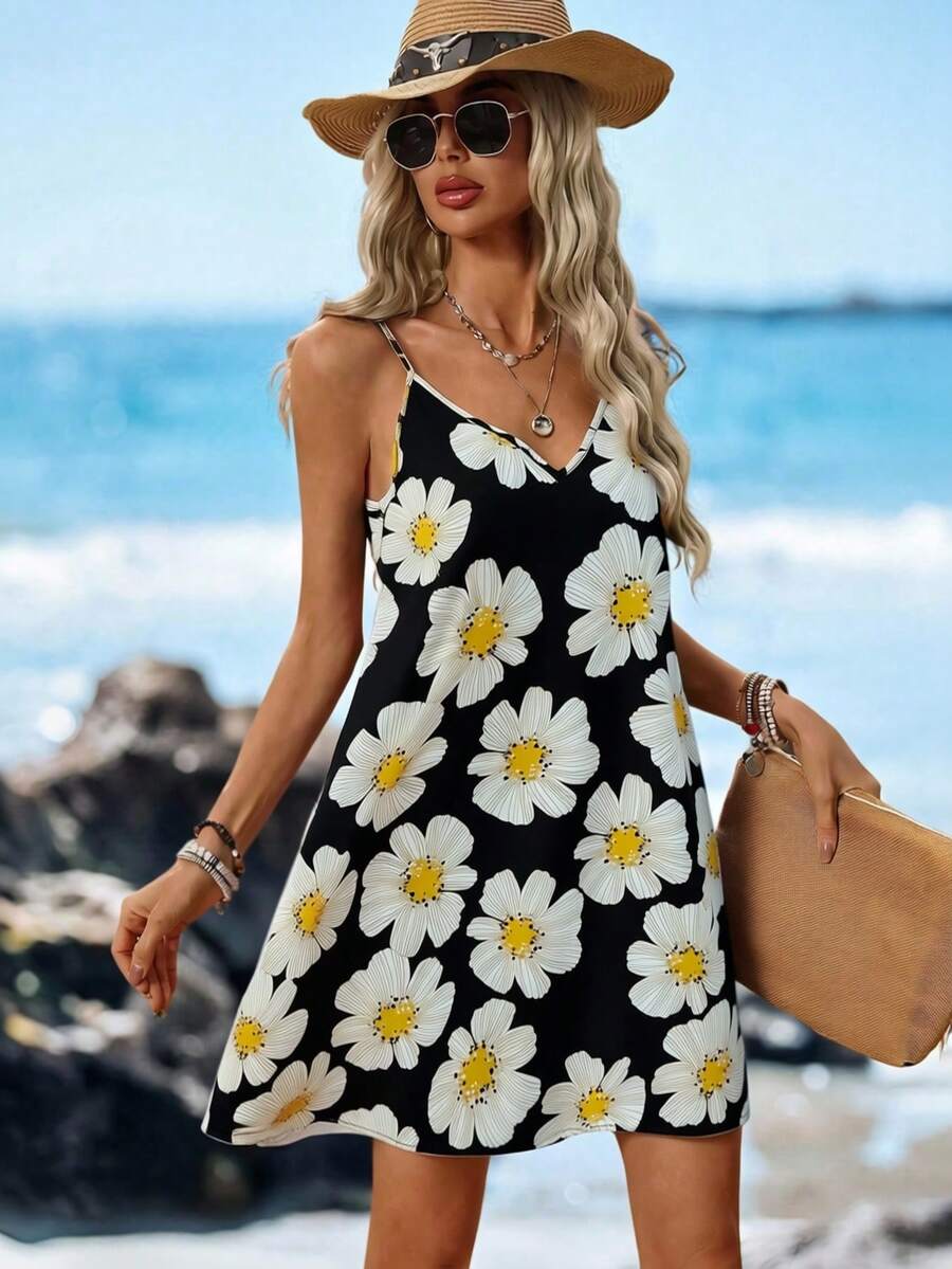 SHEIN LUNE Vestido corto de mujer con cuello en V y estampado de margaritas, conjunto de ropa de playa para mujer, atuendos de verano para mujer, vestido floral para mujer, vestidos de verano para vacaciones, atuendos de vacaciones para mujer, casual - Blanco y Negro - Ver 1