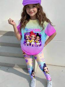 2pcs/Set Girls Idol Group Printed Top & Leggings Set, Fashionable Casual Outfit For Toddlers - Multicolor - View 2