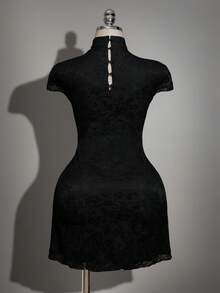 SHEIN ICON 大码女式复古中国风黑色蕾丝连衣裙 - 黑色 - 查看 2