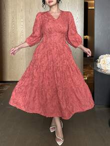 Dazy Plus 大码女士优雅V领提花镂空纹理灯笼袖修身长款派对连衣裙，粉色吊带裙 - 藕粉色 - 查看 8