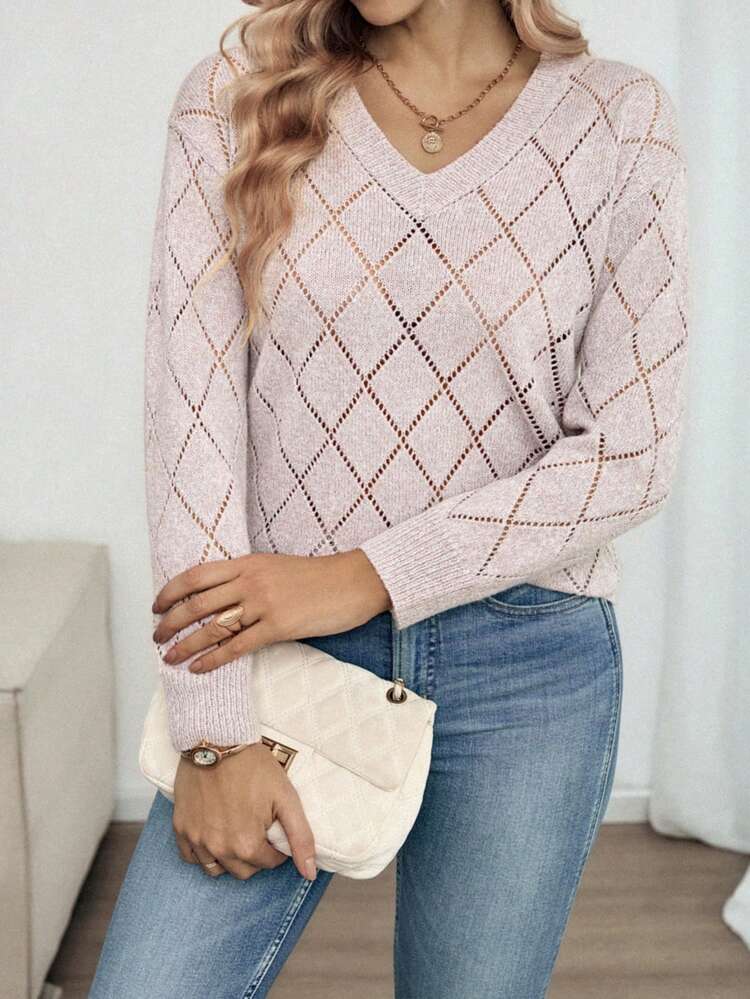 Louniche Rhombus Hollow Out Loose Fit V-Neck Long Sleeve Casual Knit Sweater For Women, Spring/Summer - Camel - View 3