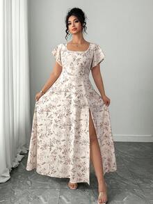 Elenzga Rochie stil rustic, casual, cu imprimeu floral, mărime plus - Caisă - Vizualizare 4