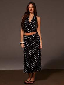 Athîral Women's Casual Polka Dot Long Skirt, Black Skirt, Date And Party , Casual Skirt, Outdoor , Cute, Valentine's Day , Satin Woven Fabric - Black and White - View 2